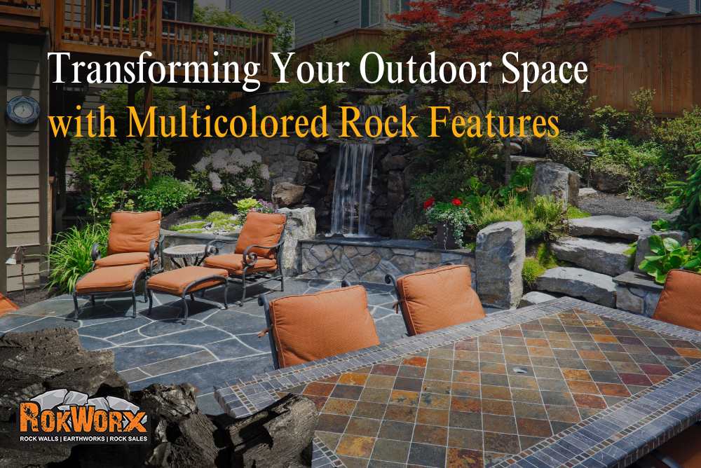 Vibrant multicoloured rock features enhancing a landscaped garden pathway.